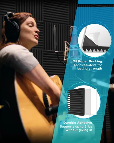 Vista 3 de Paquete de 24 paneles acústicos de espuma a prueba de sonido con autoadhesivos para pared, 12 x 12 x 2 pulgadas, de alta densidad, reducen