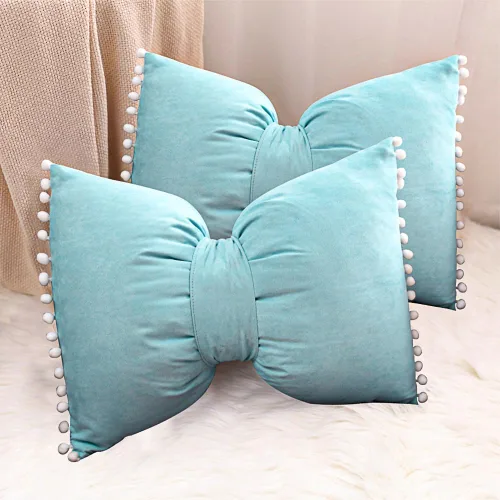 Vista 9 de 14x20 Fundas de almohada decorativas con pompones y lazos de terciopelo para habitación, cama, sofá, sofá cama, azul x2