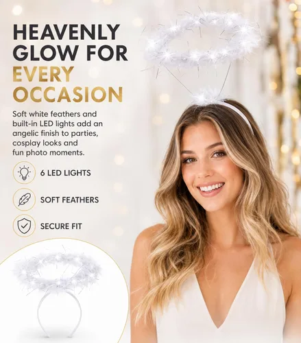 Vista 2 de Diadema con halo de plumas de ángel canguro para mujer con 6 luces LED blancas