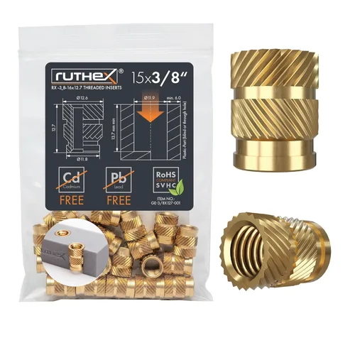 Vista 19 de Ruthex 1/4" Insertos Roscados Cortos - 20 Piezas RX-1/4“-20x6.4 Inserto de Ajuste Térmico de Latón para Partes de Plástico - Pulgadas Tuercas