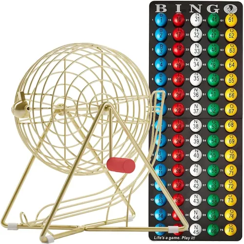 MR CHIPS Juego de bingo profesional de 11 pulgadas de alto con jaula de acero, bolas eternas de 7/8 pulgadas, tablero maestro para bolas, color