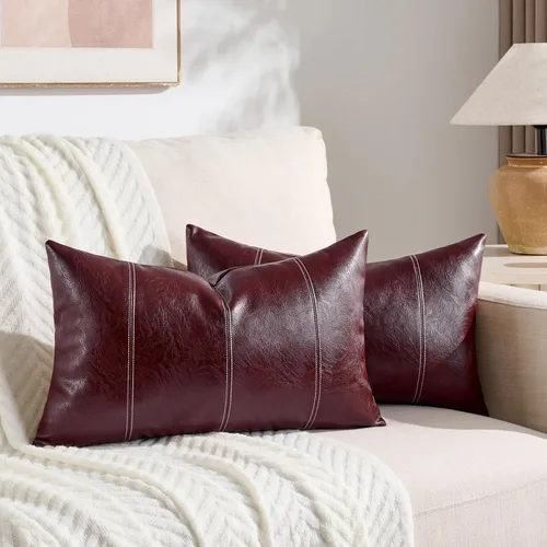 Fancy Homi - Paquete de 2 fundas de almohada decorativas lumbares de cuero sintético color borgoña de 12 x 20 pulgadas para sofá exterior, cama,