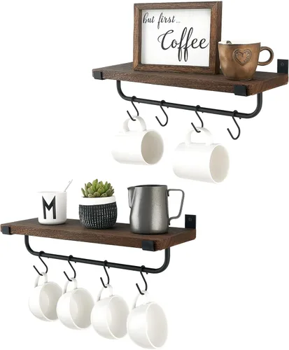 Mkono Soporte para tazas de café montado en la pared, juego de 2 estantes flotantes rústicos para cafeterías, accesorios de barra de café, ganchos