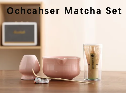 Vista 7 de Ochcahser Juego de matcha, el kit de matcha de cerámica rosa incluye cuenco matcha, soporte para batidor de matcha (chasen), batidor de bambú