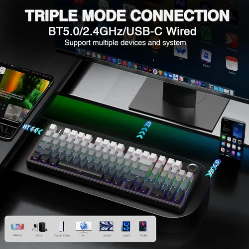 Vista 3 de AULA Teclado mecánico inalámbrico F99 Pro con perilla, estructura de junta, triple modo BT5.0USB-C2.4GHz teclado intercambiable en caliente, sonido