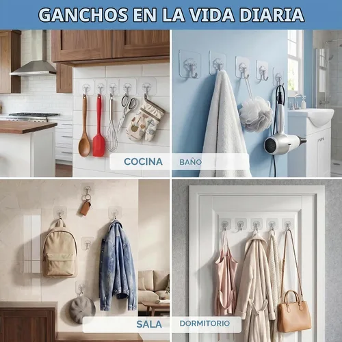 Vista 3 de Ganchos de pared – 33 libras máximo, transparentes, sin costuras, impermeables y resistentes al aceite, ganchos adhesivos resistentes para abrigos