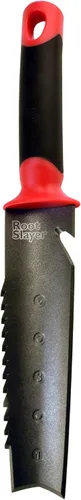 Root Slayer 16211 Cuchillo de tierra de jardín con hoja dentada para excavar, deshierbar y cortar raíces, herramienta de acero, color rojo