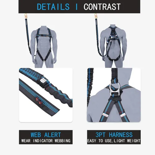 Vista 5 de Kit de protección contra caídas de arnés de seguridad, arnés de seguridad de cuerpo completo de 3 puntos con cordón interno de absorción de impactos