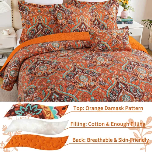 Vista 3 de VAPUTAR Edredones de Algodón Tamaño Queen, Juego de Ropa de Cama Edredón Queen con Patrón Damasco Bohemio-3 Piezas Colcha Ligera Suave Tamaño Queen