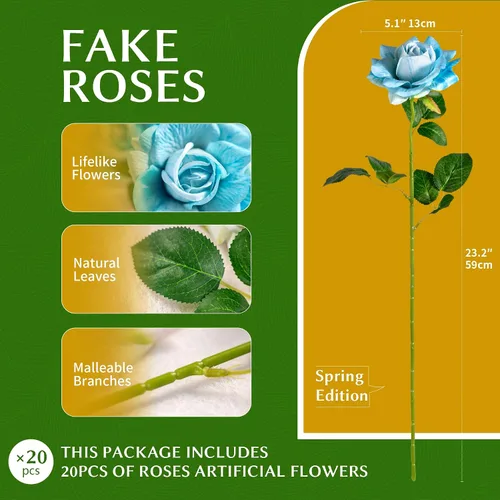 Vista 2 de Flores artificiales de 23.2 pulgadas, 20 rosas artificiales de tallo largo, flores artificiales de tallo largo para jarrón alto, rosa de seda Azul