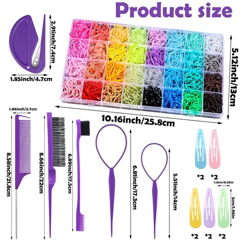 Vista 2 de Auroray Bandas de goma para el cabello pequeñas de 32 colores con 16 herramientas de peinado, 2000 piezas de ligas elásticas para el cabello de niña