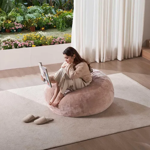 Vista 2 de Puf de 3 pies, puf con relleno, espuma viscoelástica altamente resistente, puf redondo de felpa, mueble para sala moderna, silla de lectura de ocio