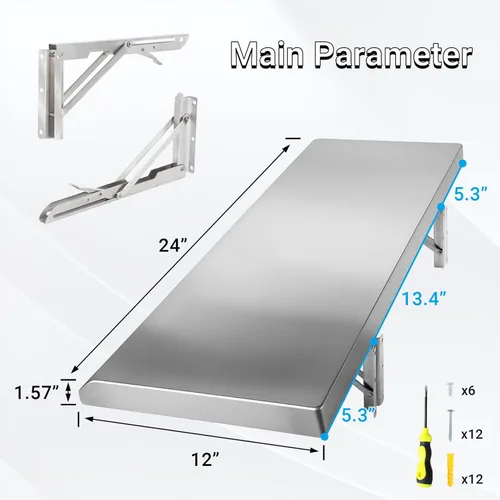 Vista 3 de Estante plegable de concesión de 24 x 12 pulgadas, estante plegable de acero inoxidable para servir alimentos para ventanas de concesión