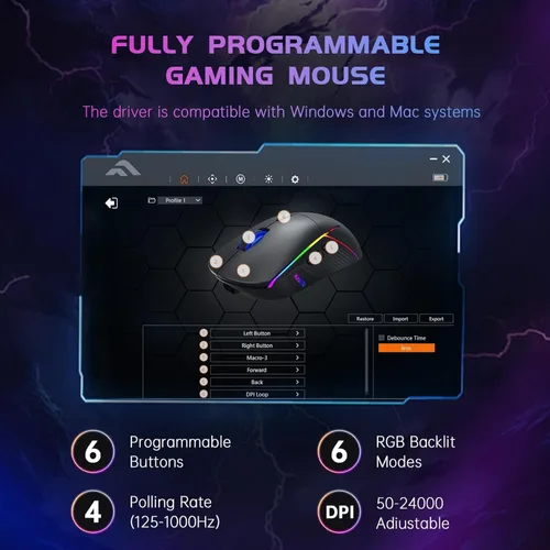 Vista 4 de FFJ Ratón Inalámbrico para Juegos, 24000 DPI, Ratón para Juegos Tri-Modo 2.4G/USB-C/Bluetooth 5.3, Ratón RGB Programable para Juego, Duración