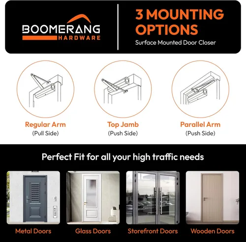 Vista 3 de Boomerang D703 - Cierrapuertas comerciales de diseño de servicio medio, múltiples opciones de montaje, cierrapuertas para zonas de tráfico