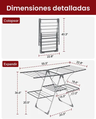 Vista 4 de Escurridor de ropa, plegable de 2 niveles con alas ajustables en altura, para ropa y ropa de cama, estante independiente que ahorra espacio, Gris