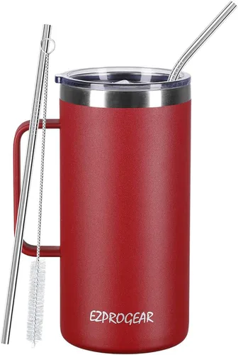 Vista 9 de Ezprogear Taza de café de acero inoxidable de 32 onzas con aislamiento y asa, tapa (32 onzas, taza rosa clavel)
