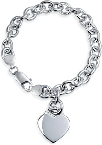 Bling Jewelry Personalized Substantial Solid Link Heart Shape Tag Charm Bracelet 7.5 8 Inch Necklace 16" for Women Teens .925 Sterling Silver Made