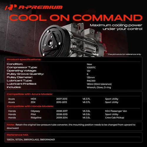 Vista 2 de Compresor de aire acondicionado A-Premium con embrague Compatible con Acura MDX 2007-2013, ZDX 2010-2013 y Honda Odyssey 2008-2017, Pilot 2008-2015