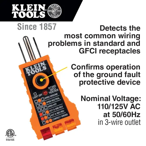 Vista 3 de Kit de prueba eléctrica Klein Tools NCVT1PKIT con lápiz de prueba de bajo voltaje sin contacto, 50 a 1000 V CA y probador de toma GFCI, 2 piezas