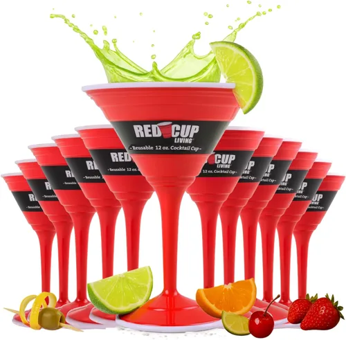 Vista 12 de Vasos de cóctel de plástico rojo reutilizables con tallo, 12 onzas, vasos únicos para fiestas, copas de champán duraderas, lindo vaso de tallo