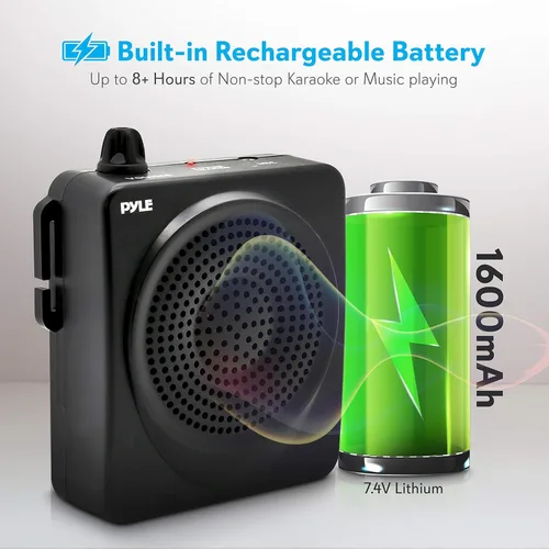 Vista 3 de Pyle Altavoz PA portátil y amplificador de voz: cintura compacta con batería recargable, incluye micrófono de auriculares y conector auxiliar
