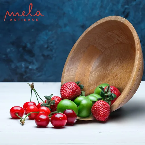 Vista 4 de Mela Artisans Frutero de madera Acabado medio quemado Tazón grande de madera de mango de 12 pulgadas Multiuso para encimera de cocina