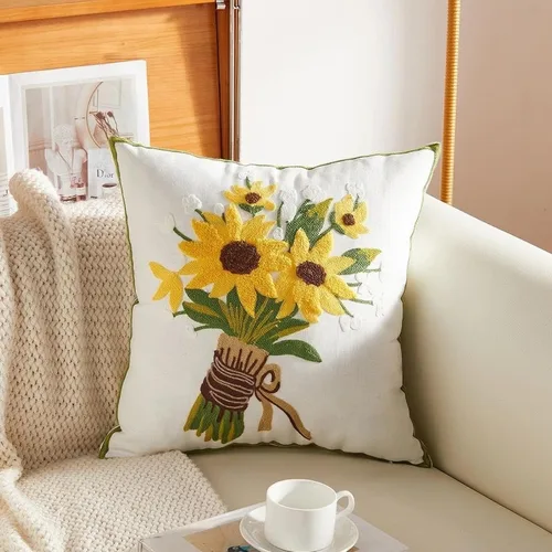 Vista 8 de Fundas de almohada con bordado de girasoles de 18 x 18 pulgadas, 4 fundas de cojín decorativas florales 100% algodón, decoración del hogar, flores