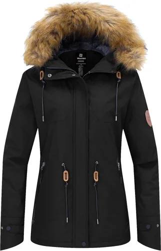 Wantdo Chaqueta de esquí impermeable con capucha para mujer, abrigo de nieve de invierno, chaquetas de snowboard de montaña, parka de vellón aislado
