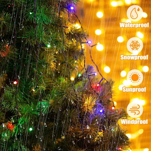 Vista 6 de LitHome Guirnalda de 100 luces LED solares de Navidad para exteriores, 33 pies, 34 colores cambiantes, solar/USB, luces solares y blancas, azules