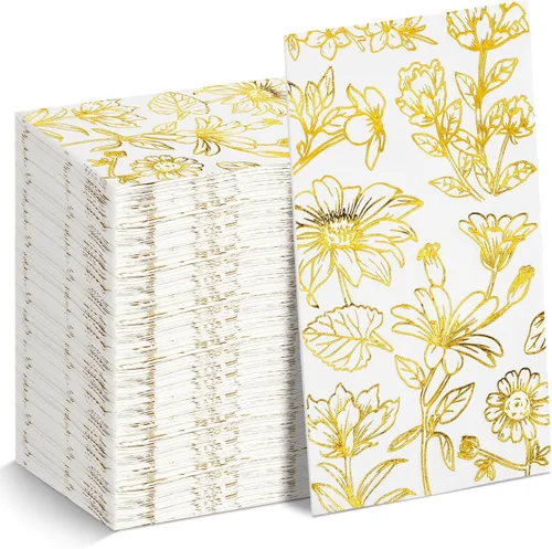 Pasimy 100 servilletas de papel dorado desechables para invitados, servilletas de cóctel de papel floral, elegantes toallas de mano para cena,