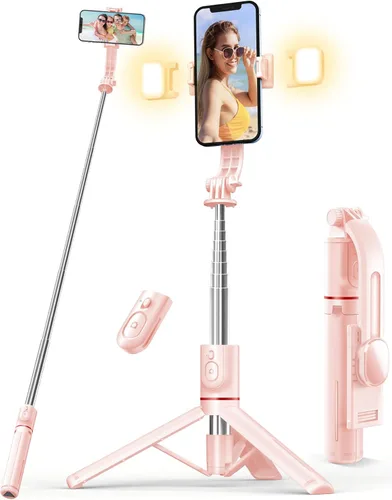 Vista 10 de Palo selfie con trípode y luz, palo selfie de 45'' con control remoto inalámbrico, trípode portátil para teléfono compatible con iPhone 16/15 Pro