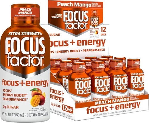 Focus Factor Enfoque extra fuerte + inyecciones energéticas – 12 botellas de 2 onzas (sabor a mango y melocotón) – Alimentado por nootrópicos con