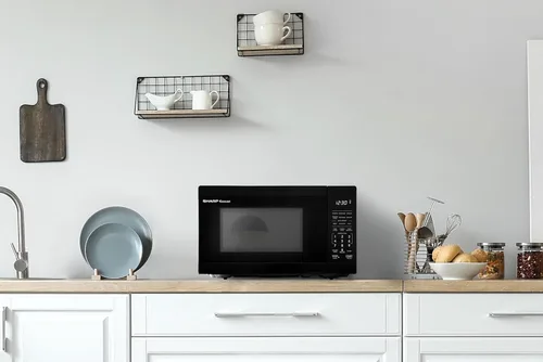 Vista 6 de SHARP Horno microondas compacto de encimera con plato giratorio de carrusel extraíble de 10 pulgadas, 700 vatios, 0.7 pies cúbicos, negro