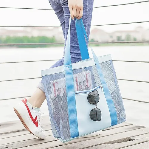 Vista 6 de Bolsa de playa de malla, bolsa de playa, ligera, impermeable, a prueba de arena, bolsas de viaje duraderas para juguetes de playa