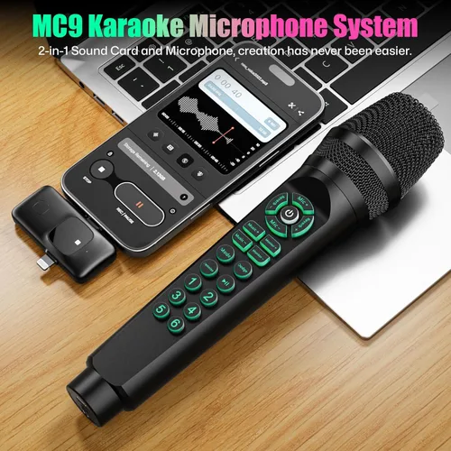 Vista 3 de Micrófono de karaoke con tarjeta de sonido integrada, micrófono Bluetooth MC9 micrófono inalámbrico para teléfono/PC, cancelación de ruido cambiador