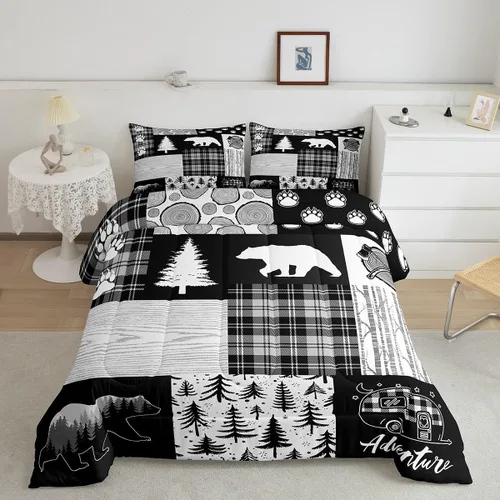 Vista 68 de Manfei Juego de Edredón de Siluetas de Animales con Astas de Ciervo Tamaño Full, Juego de Ropa de Cama de Camuflaje con Cuadros Geométricos de 3