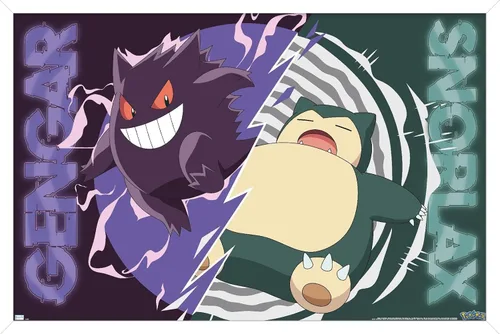 Vista 11 de Trends International Pokémon - Póster de pared de batalla de Gengar Snorlax, 22.4 pulgadas de largo x 14.7 pulgadas, versión enmarcada de madera