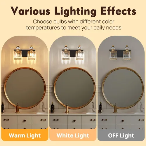 Vista 2 de Lámpara Moderna de Tocador de Baño, Luminarias de Baño de 2 Luces Negro Dorado Sobre Espejo, Aplique de Pared de Cristal de 12.6