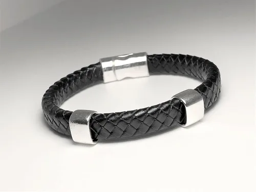 Vista 5 de Black Braided Leather and Silver Bracelet with Magnetic Clasp for Men and Women