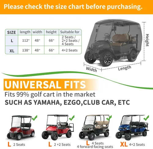 Vista 6 de 10L0L Funda resistente para carrito de golf 650D para 2/4/6 pasajeros EZGO, Club Car y Yamaha, protección exterior resistente a la intemperie