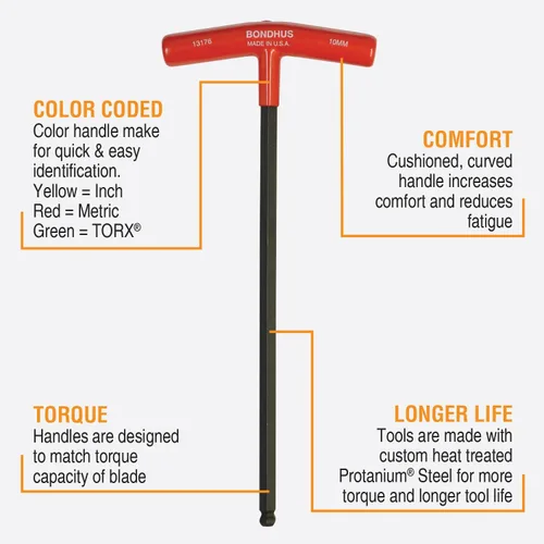 Vista 2 de Bondhus 13189 juego de 8 desarmadores de bola y hexagonales con mangos en "T" con base, tamaños de 2 mm a 10 mm