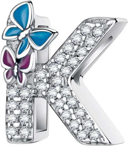 Dijes de Plata Esterlina S925 con Letras A~Z con Piedras de Circonia Cúbica 5A, Cuentas del Alfabeto de Mariposa que se Ajustan a Pulseras Europeas