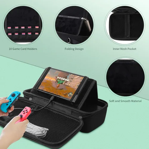 Vista 6 de FUNDIARY Storage Case for Nintendo SwitchSwitch OLED, Portable Travel Hard Shell Bag with Handle Strap - Built-in Stand Design Fit AC Charger