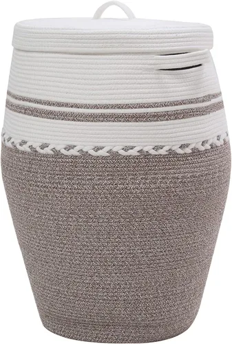 Vista 20 de Cesta alta de cuerda de algodón hecha a mano de 26"x20" con tapa, elegante forma de frasco con cubierta, cesto para ropa con tapa, para dormitorio