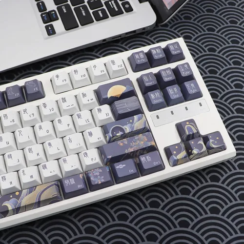 Vista 5 de JSJT Teclas PBT 136 Teclas Perfil Cherry Juego de Teclas Temáticas de Chang'e y Conejo Teclas de Estilo Antiguo Azul Zang Teclas Personalizadas