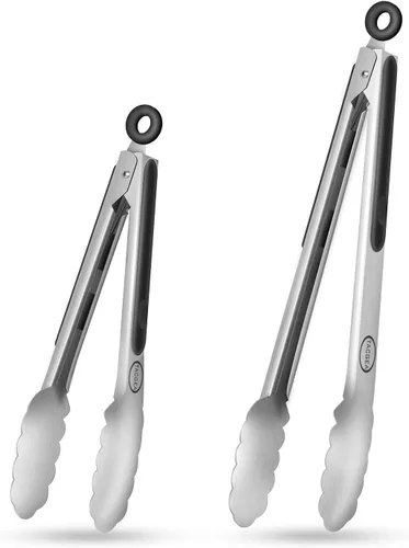 TACGEA Pinzas de cocina de acero inoxidable, agarre antideslizante de silicona, pinzas de bloqueo para alimentos a la parrilla, juego de 2, 9