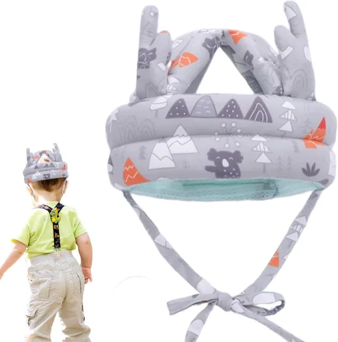 Vista 4 de Casco de bebé, casco ajustable para bebé, ligero y suave, sin golpes, cojín de seguridad para la cabeza, gorra protectora ajustable, gorro de Gris