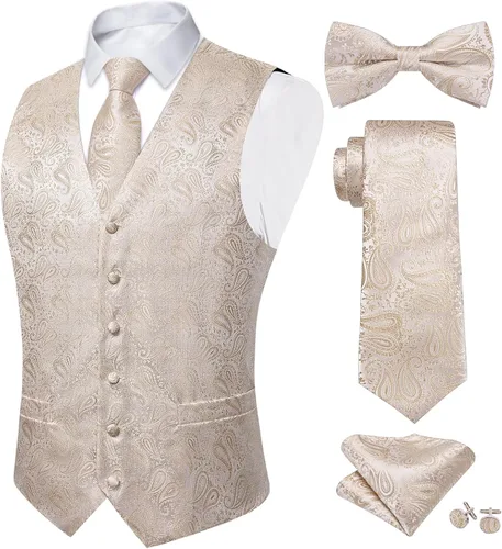 Vista 14 de DiBanGu Conjunto de 5 chalecos de seda con corbata y corbatín para hombre Paisley oro negro