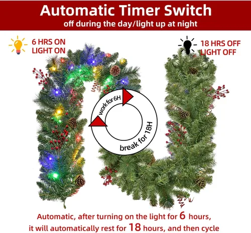 Vista 3 de Guirnalda de Navidad con luces de 9 pies, guirnalda de Navidad iluminada, funciona con pilas, 8 modos de iluminación, 50 luces LED, guirnalda